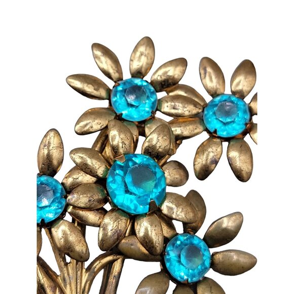 Unsigned Early Miriam Haskell Flower Brooch Floral Bunch Blue Rhinestones - Picture 13 of 13